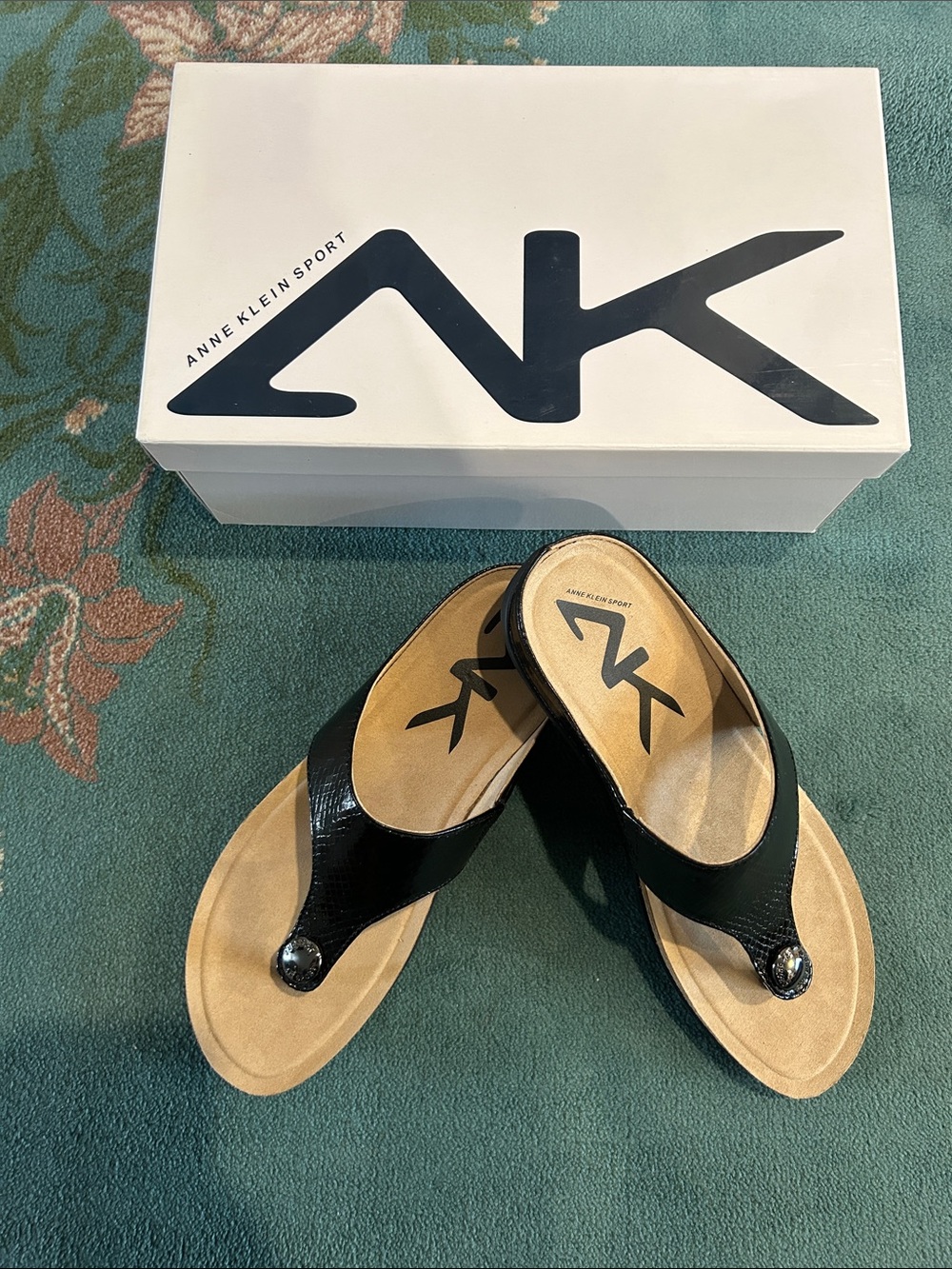 Anne Klein Sport Black Thong Sandals with Tan Footbed